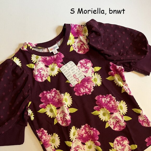 Small Lularoe Moriella puff sleeve top, plum with pink and lime green flowers. - Picture 1 of 2
